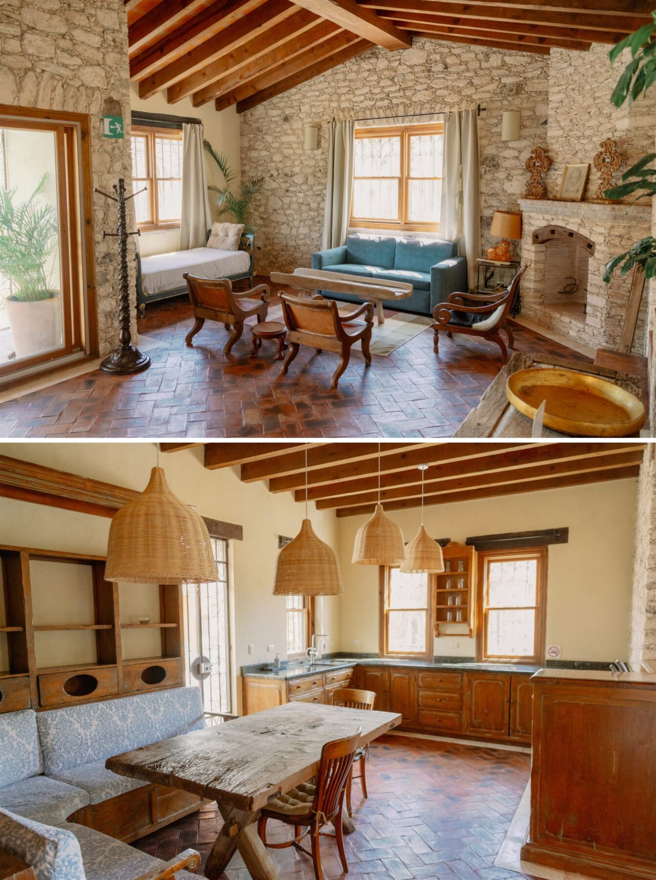 A homey apartment-style suite with a kitchen and natural wood table at Rancho Las Sabinas