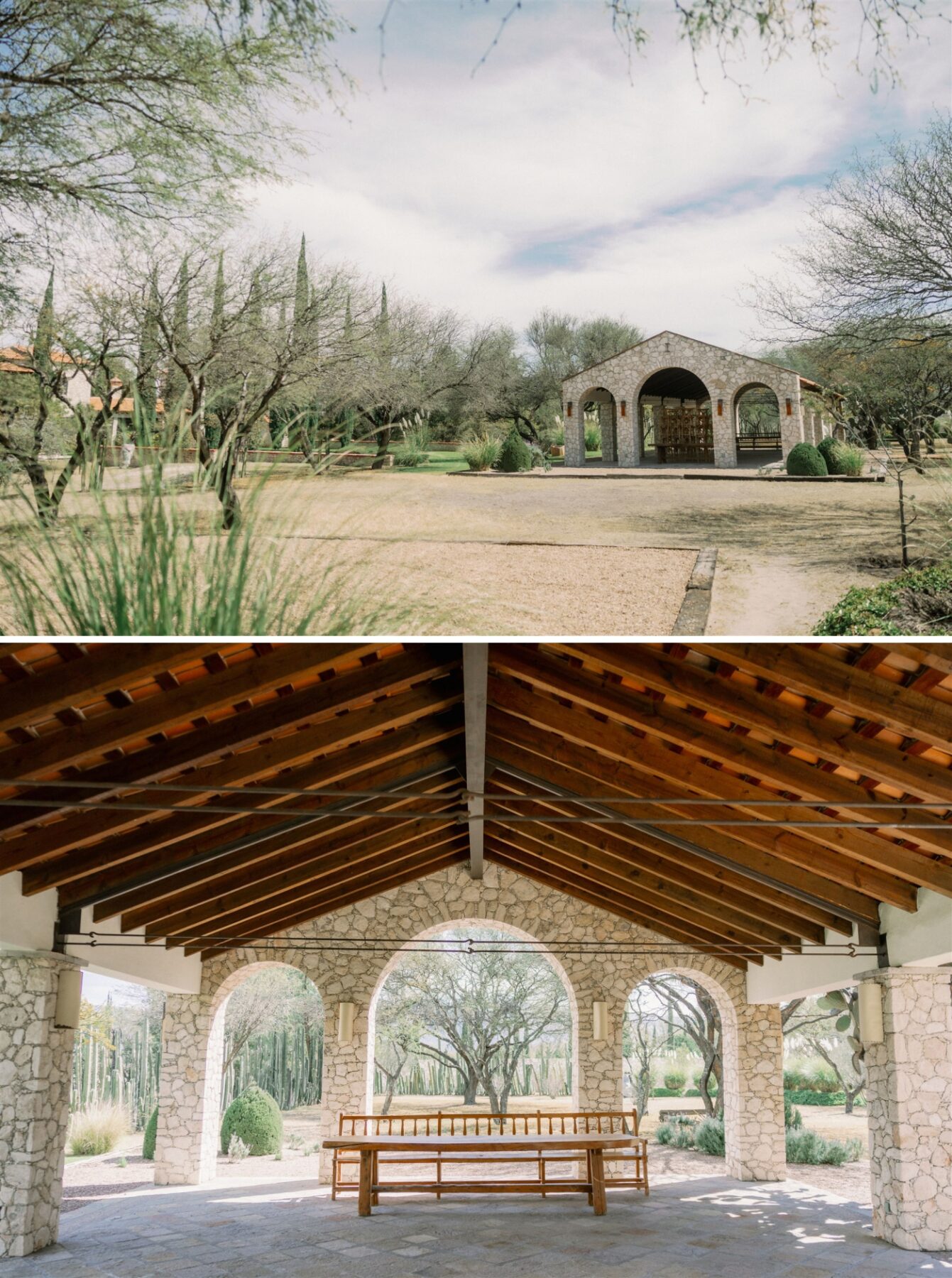 An open-air courtyard with exposed wooden beams