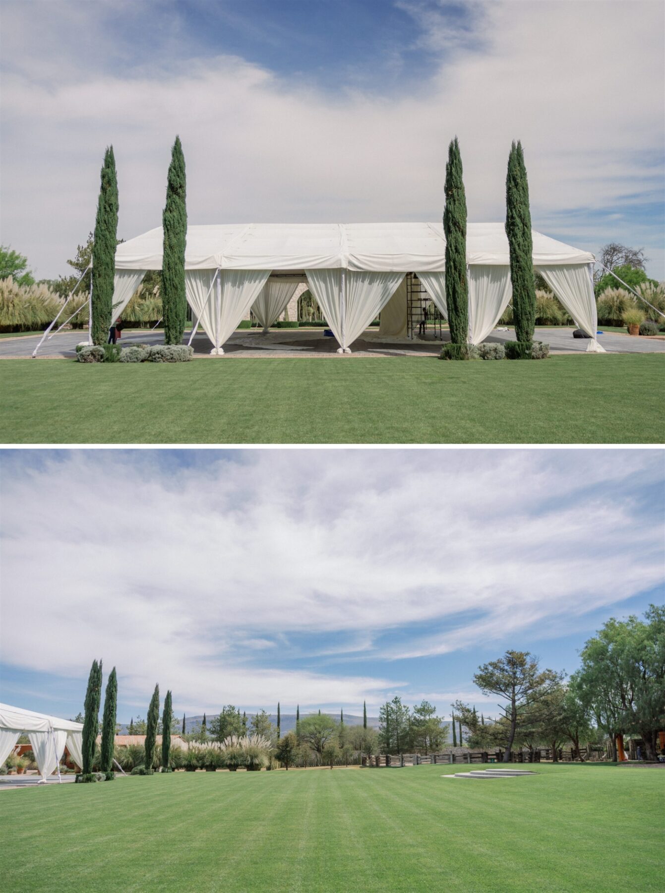 A large white tent with curtain-style walls at Rancho Las Sabinas