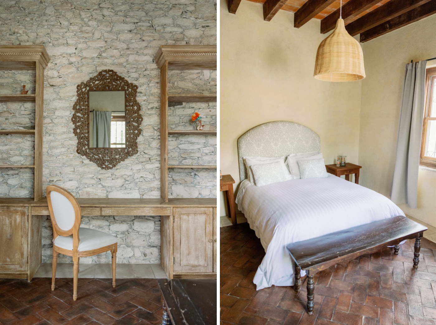 A queen bed in a natural, honey suite at Rancho Las Sabinas
