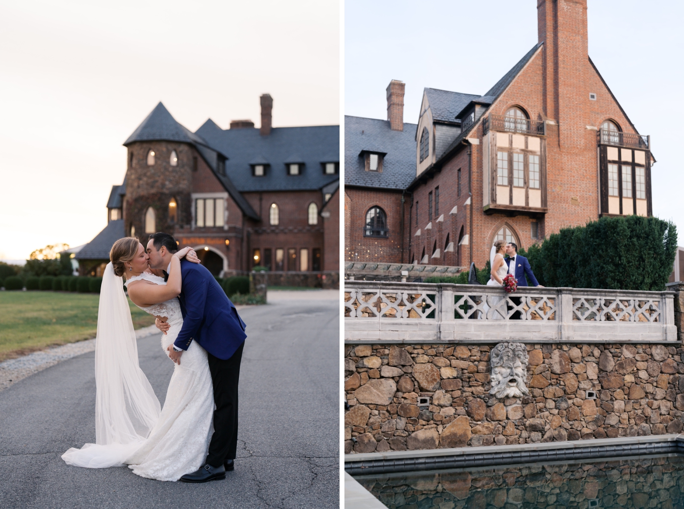 A bride and groom stand on the terrace overlooking the reflecting pool at Dover Hall