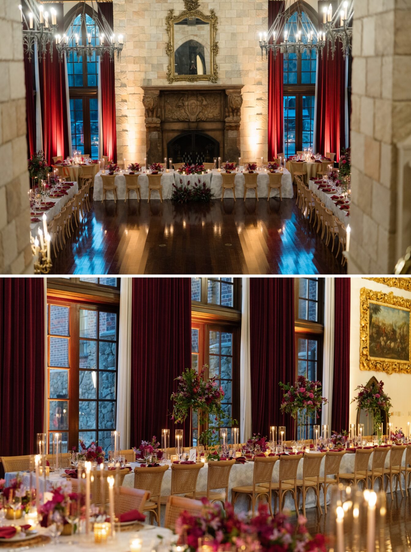 The grand ballroom in Dover Hall set up with long tables for a wedding reception