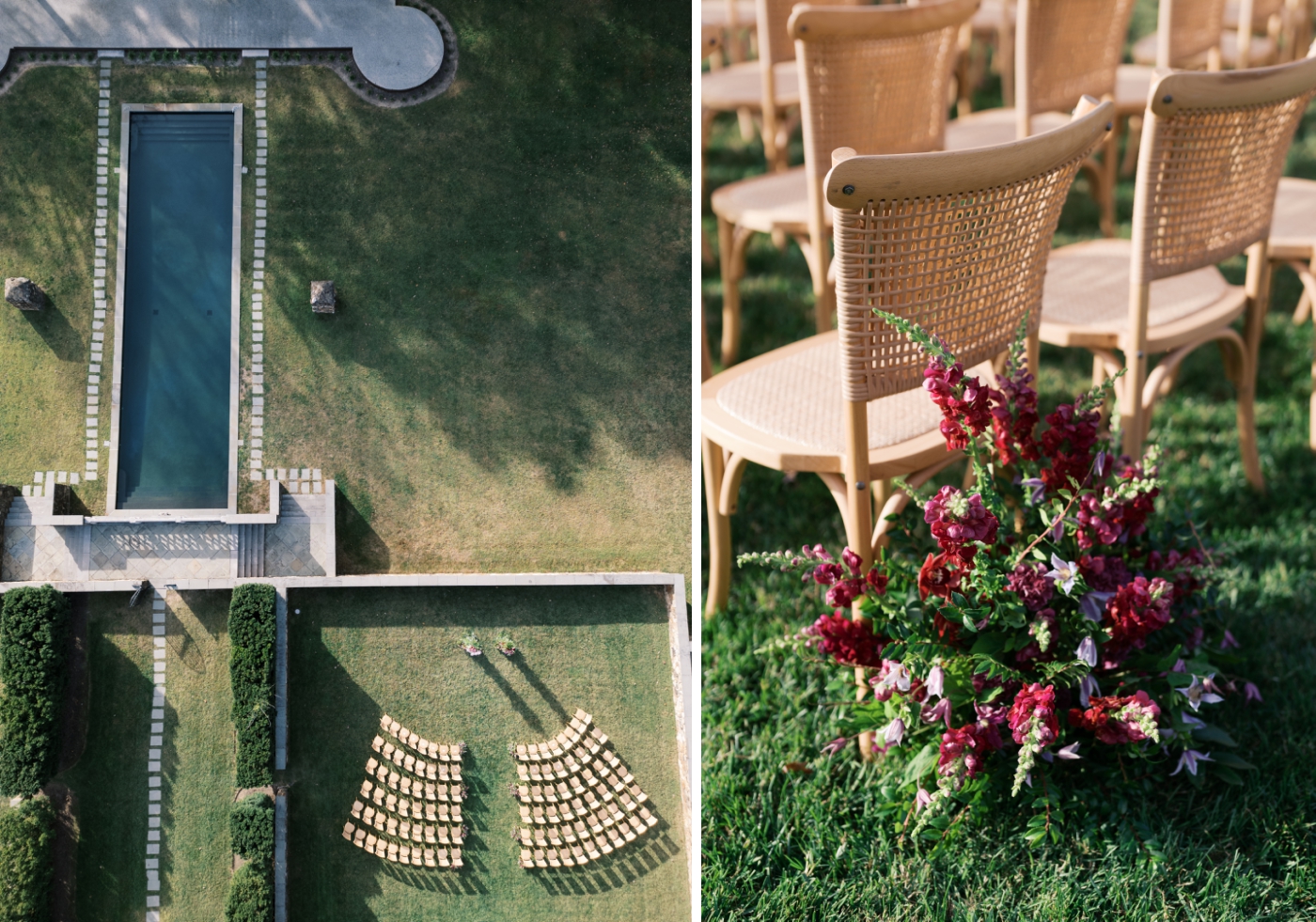 A drone shot of a semi-circle wedding ceremony next to the reflecting pool at Dover Hall