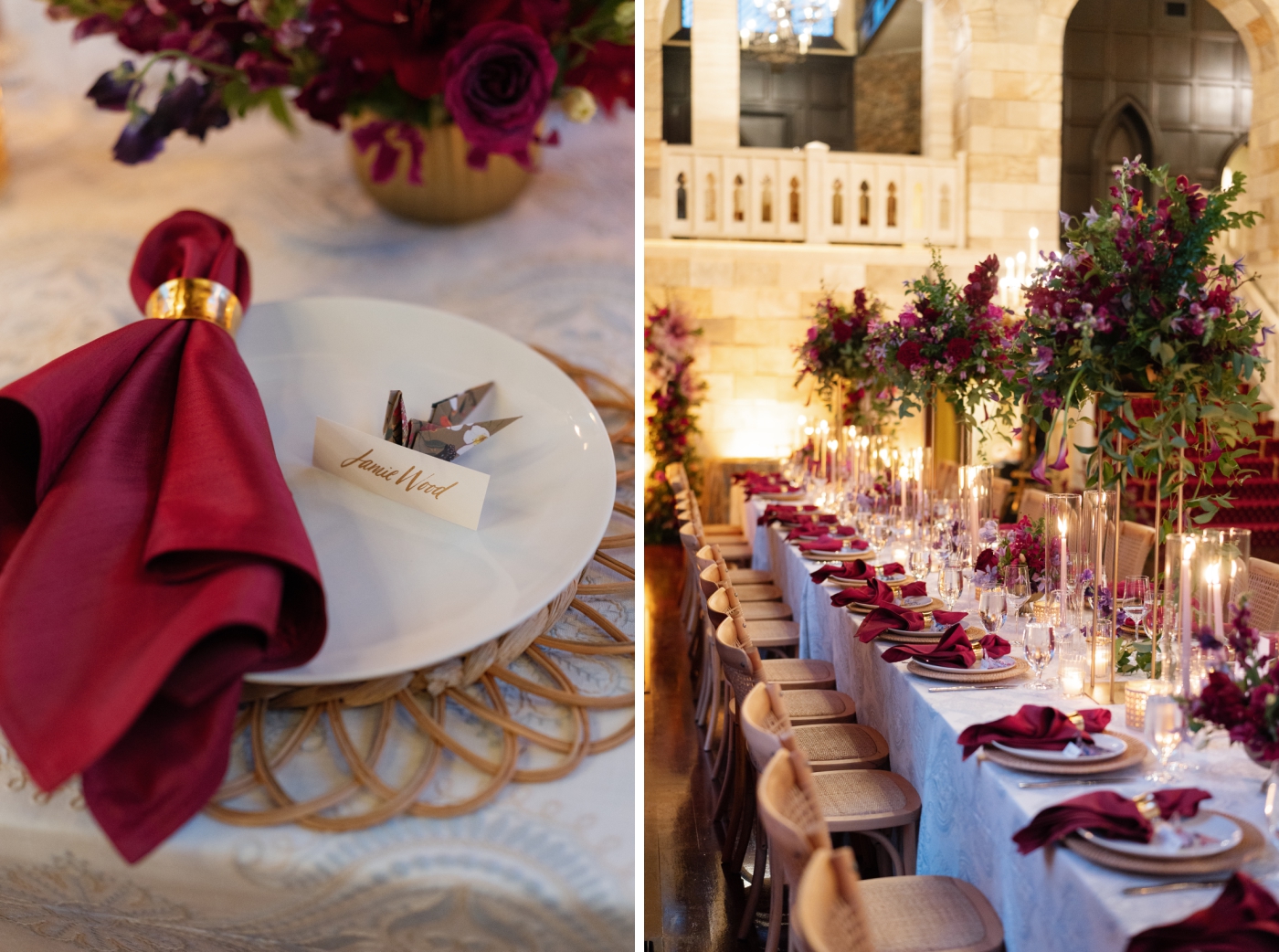 A paper crane accompanying escort cards at a wedding reception