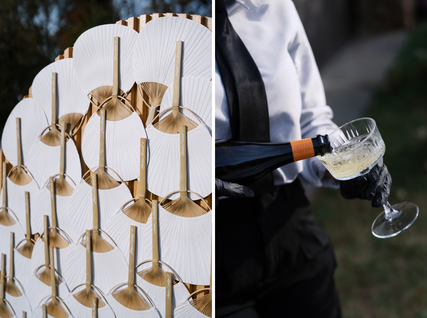 Paper fans with wedding guest's names on the handle