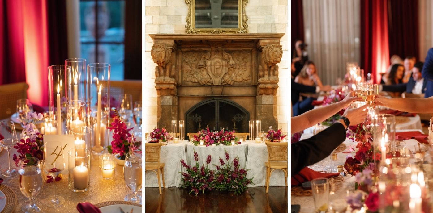 Warm candlelight bathing round and long tables at a wedding reception at Dover Hall