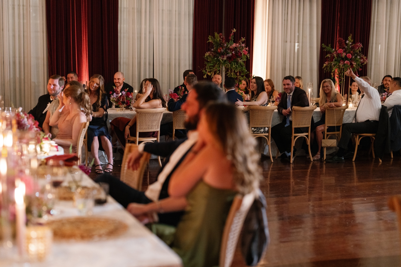 Guests enjoy dinner in the ballroom at Dover Hall