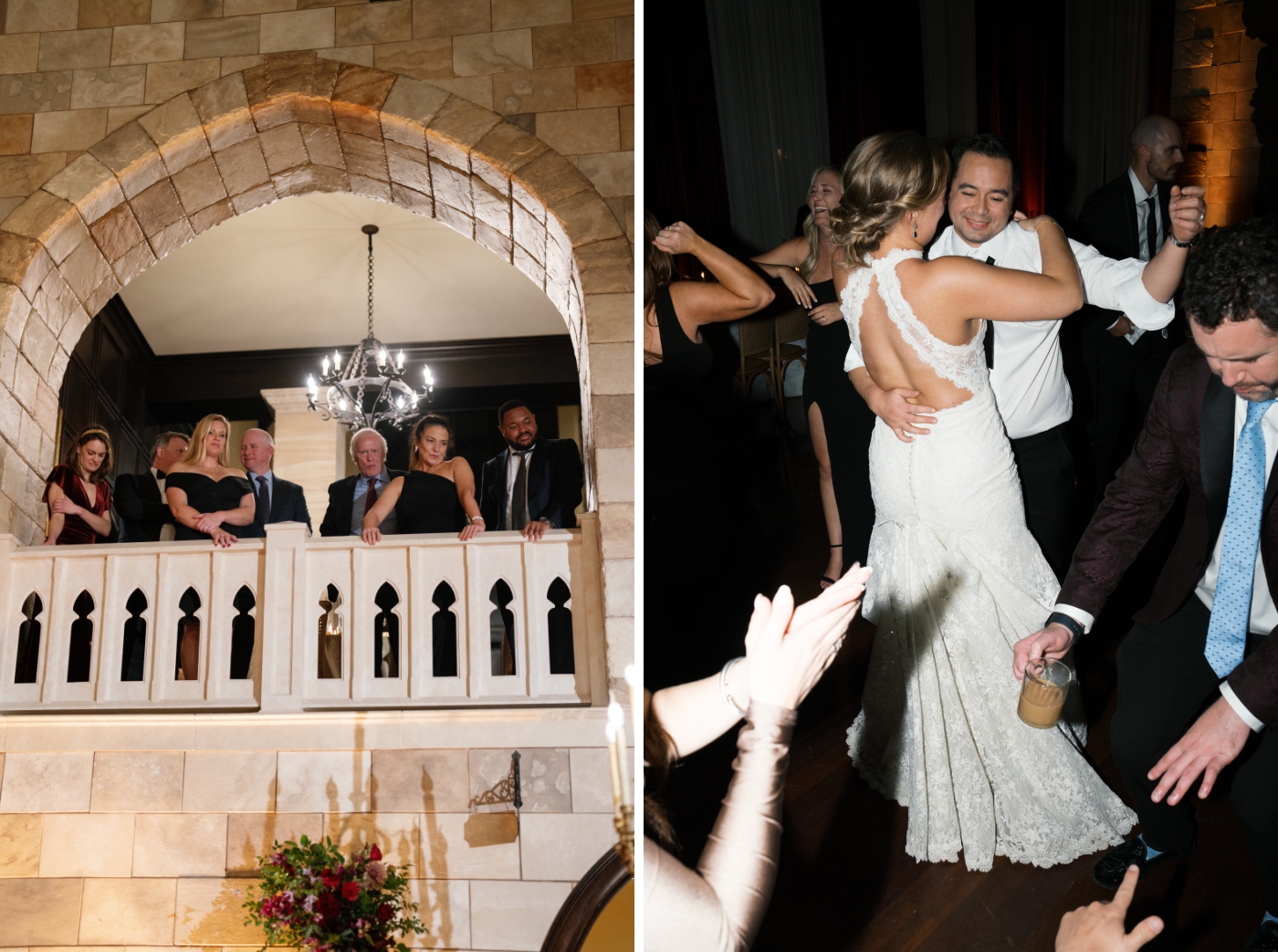 Guests watch the dance floor from a parapet-style balcony at Dover Hall