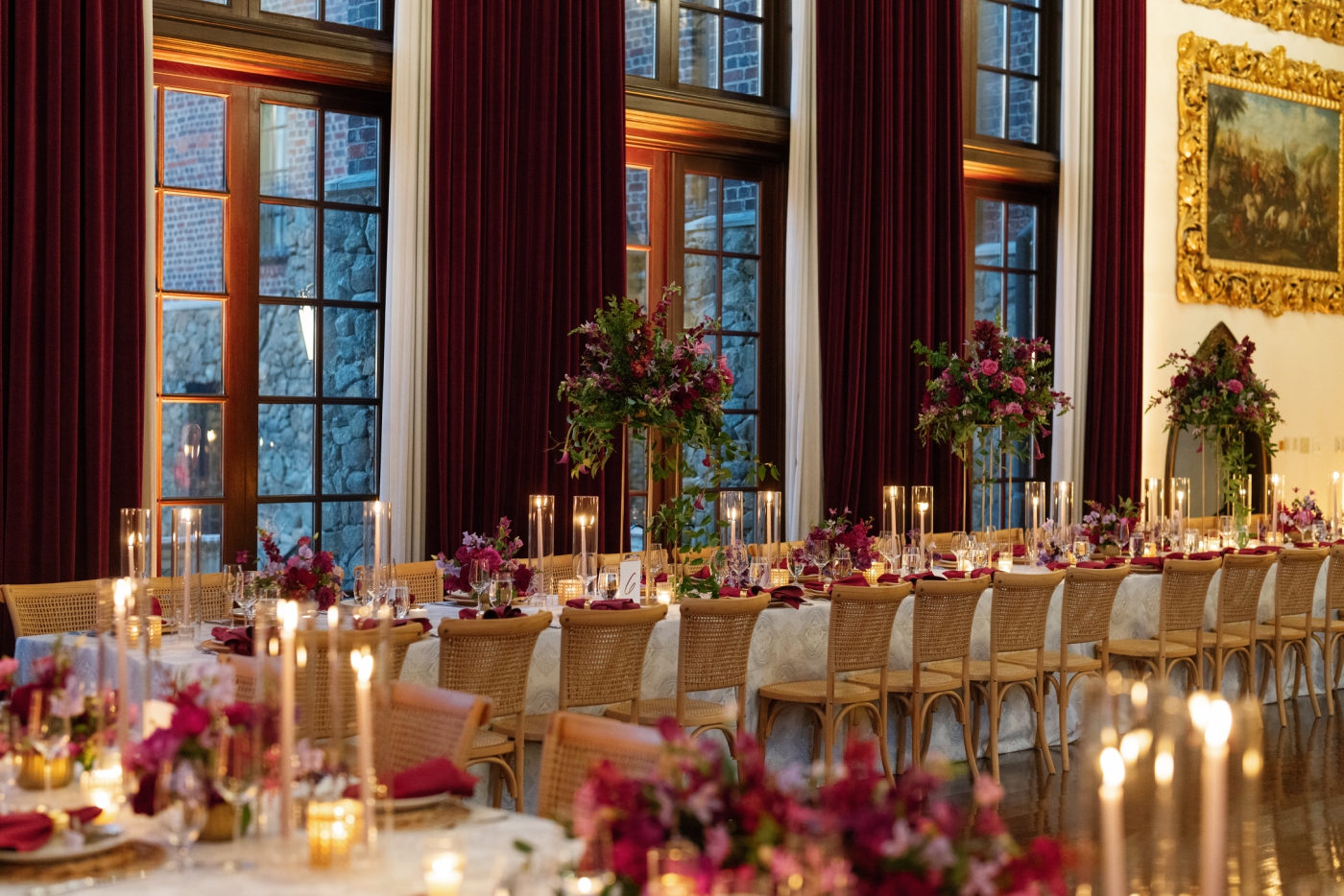 A candlelit wedding reception in the ballroom of Dover Hall in Richmond, Virginia