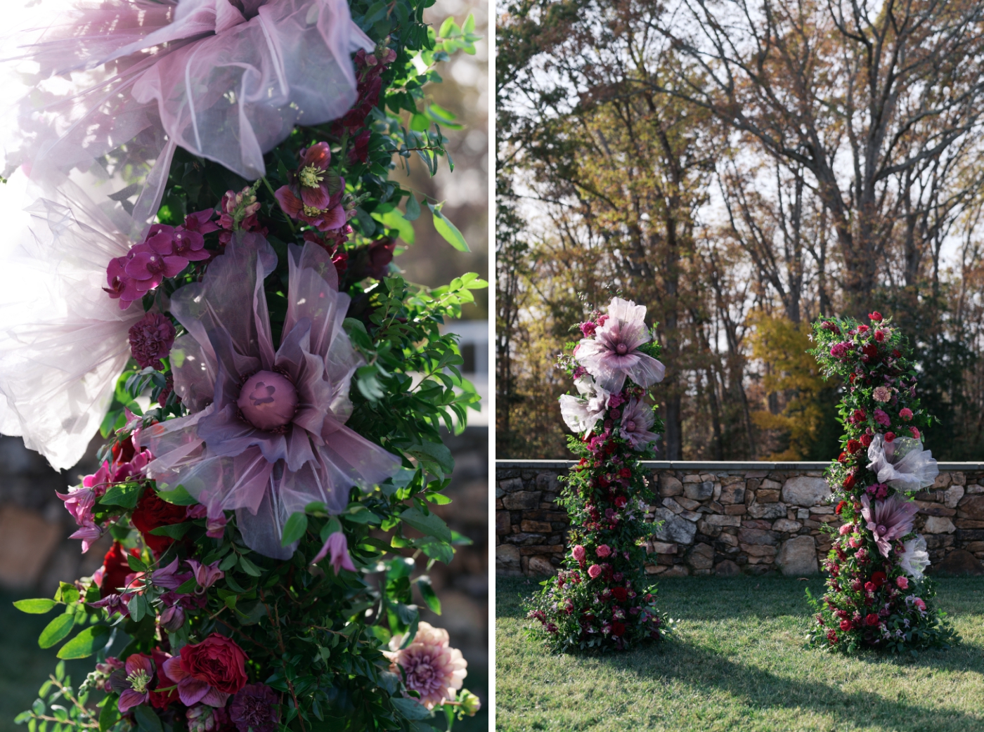 Large purple silk flowers on an altar-framing floral installation