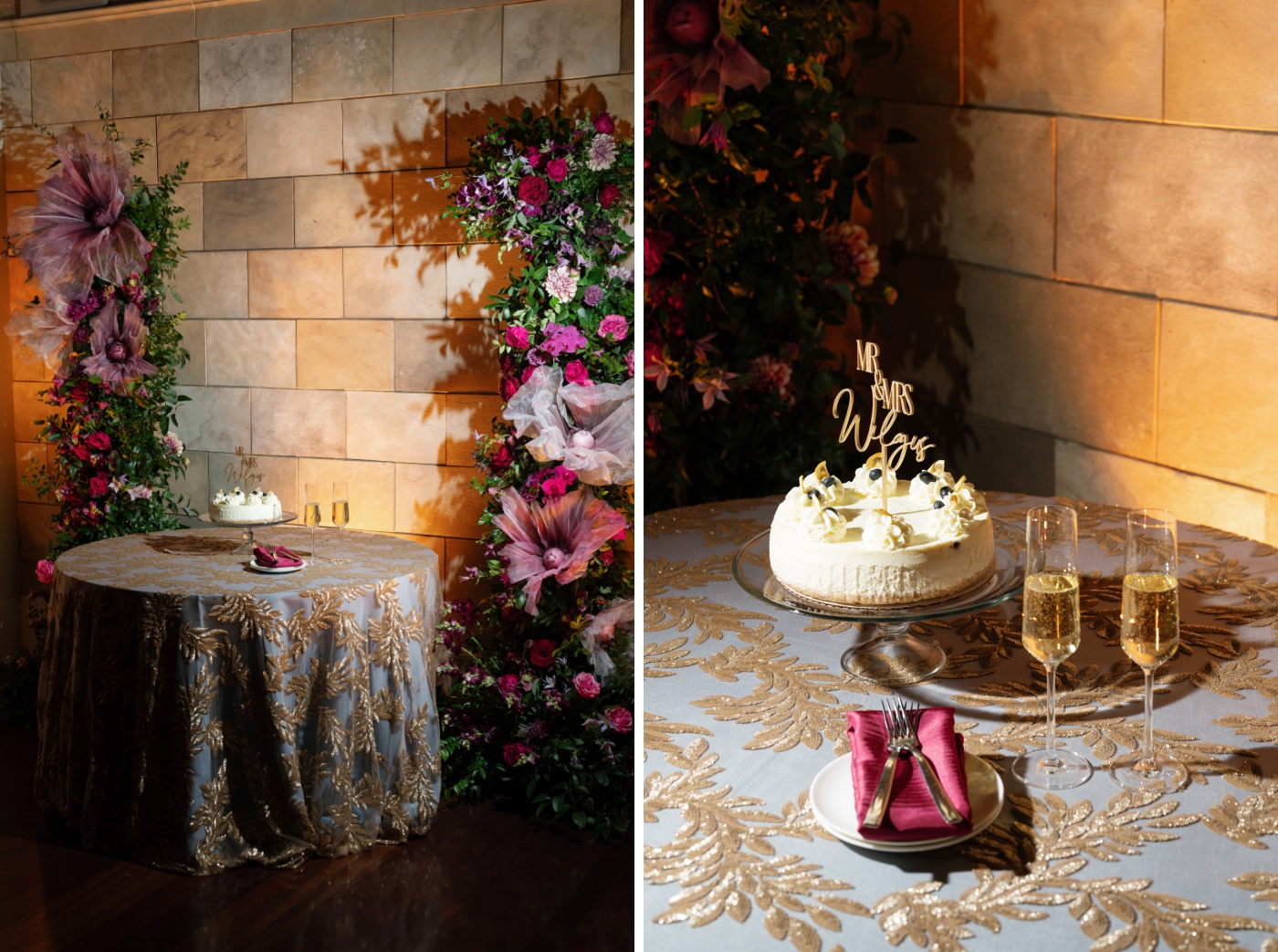 A cake table framed by two large floral pillars