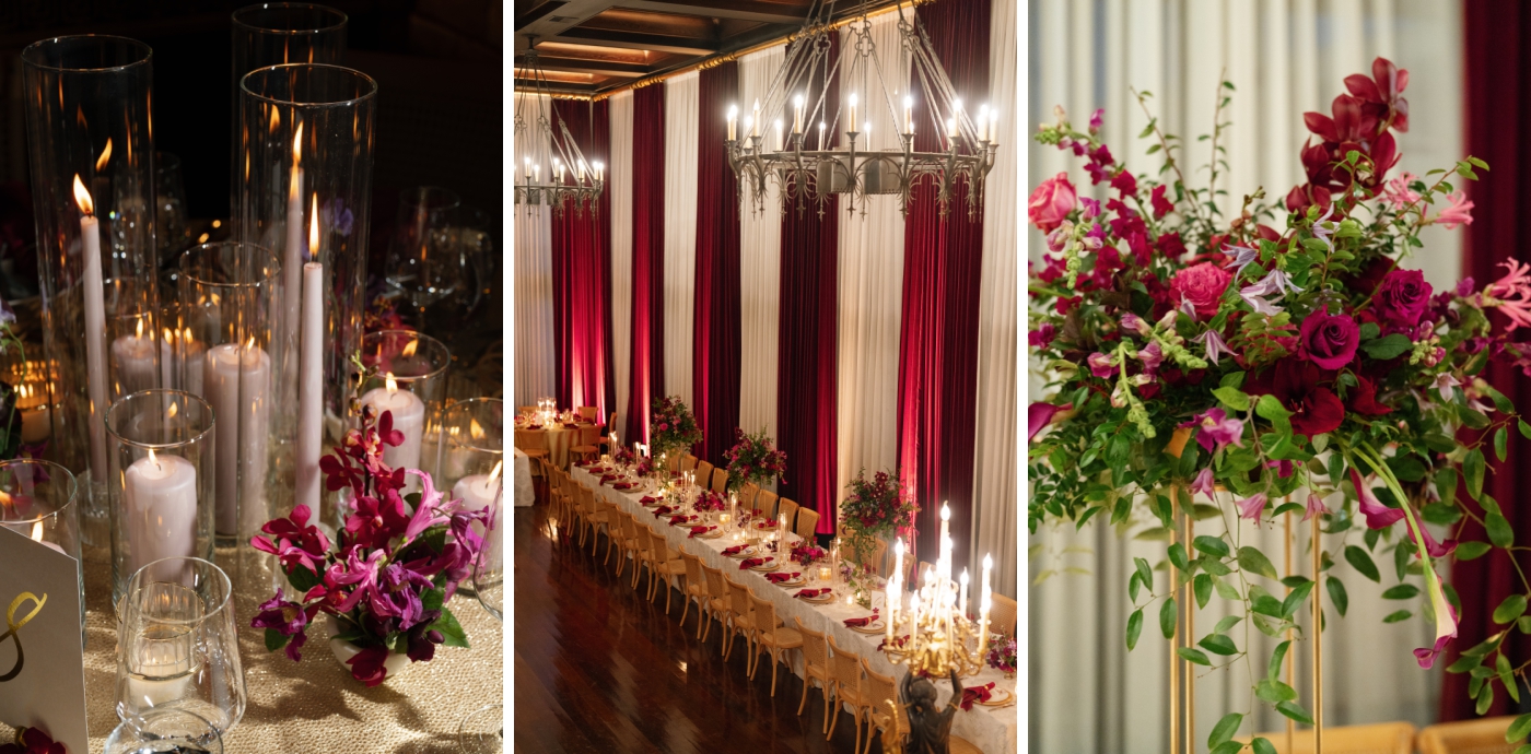 Red floor-to-ceiling velvet curtains surrounding Dover Hall during a wedding reception