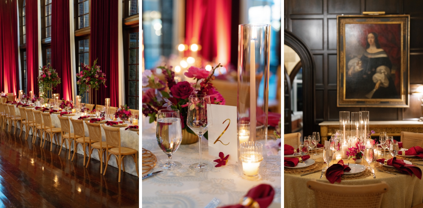 A wedding reception at Dover Hall decorated with long tables, real candles, and rich floral arrangements