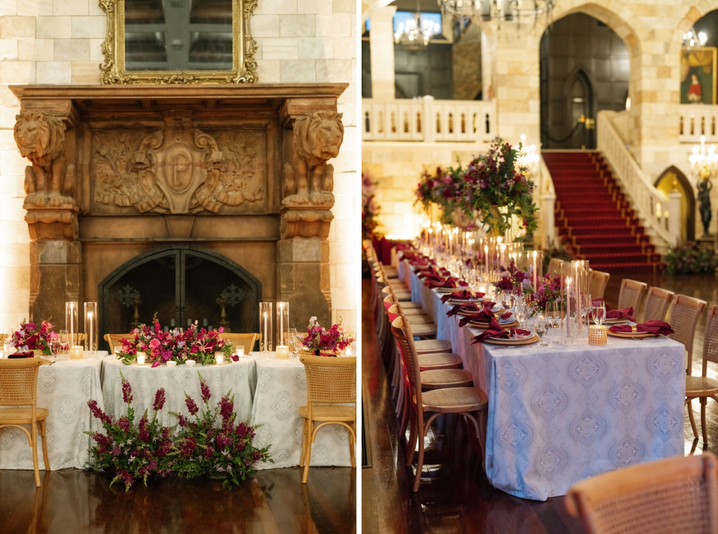 A large stone fireplace behind a sweetheart table at a wedding reception