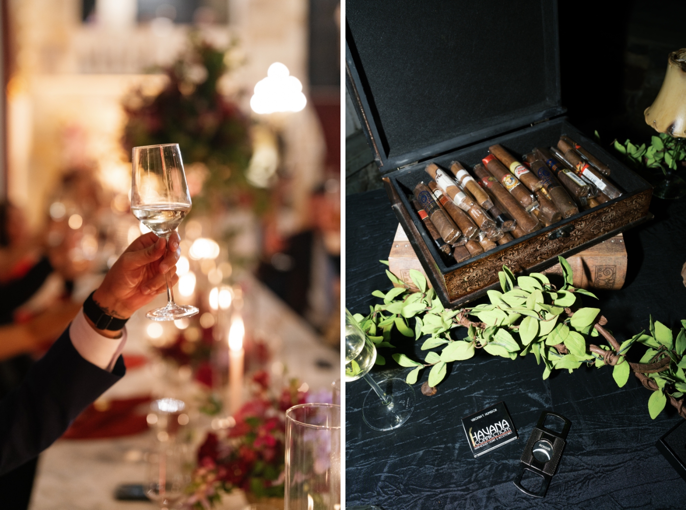 A wedding guest raises a glass of white wine during a toast