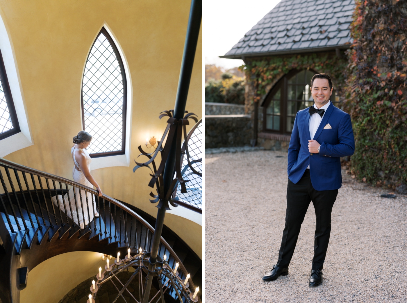 A bride walking down a spiral staircase