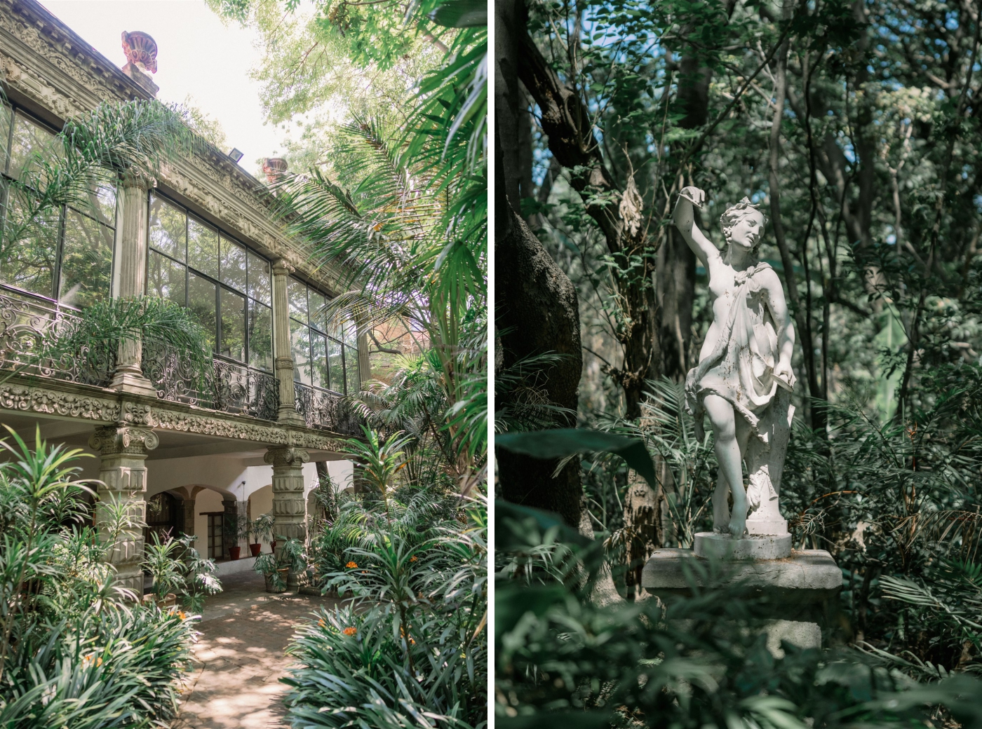 A stone statue of a woman over a fountain in the gardens at Casa de la Bola