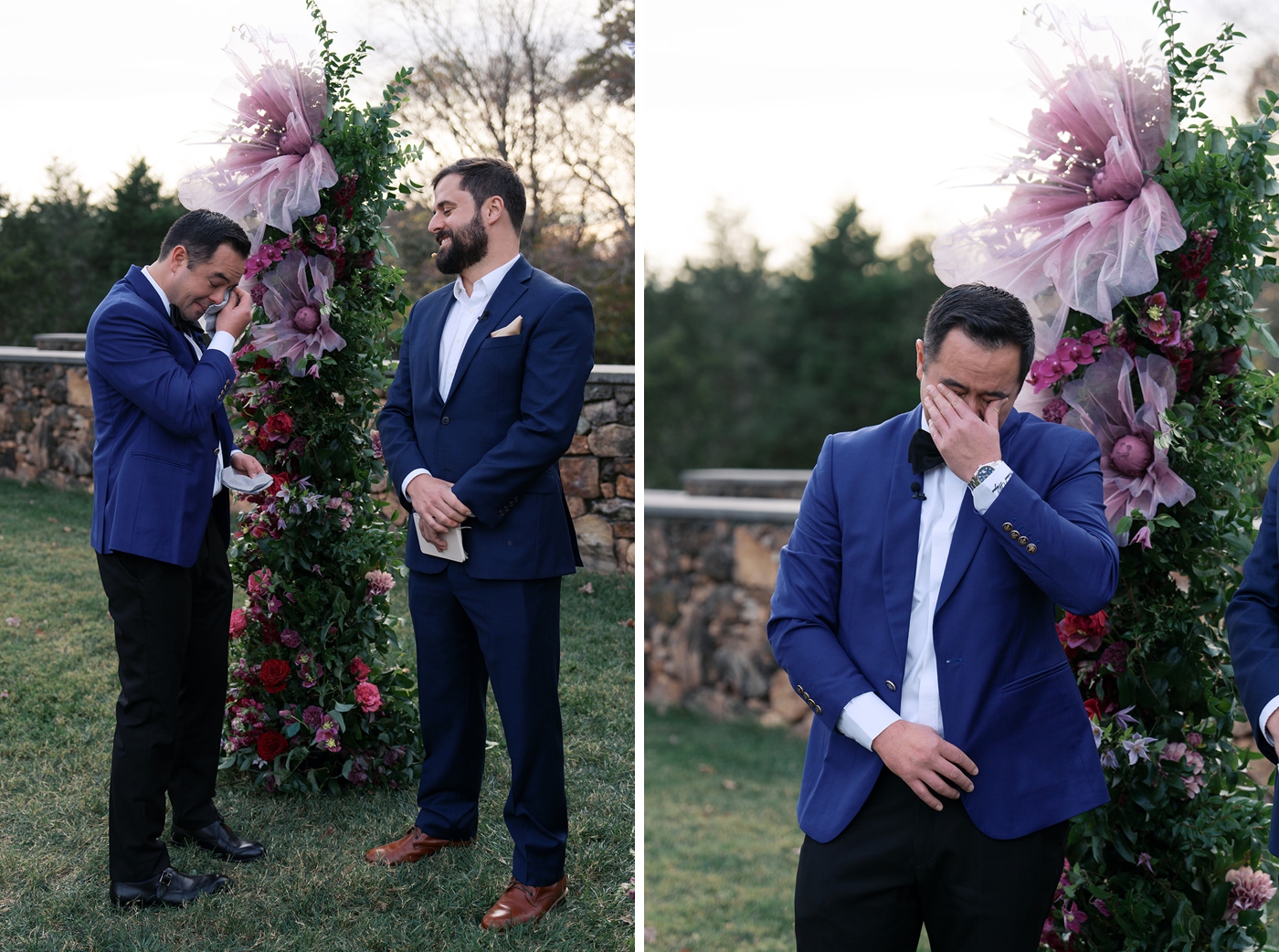 Emotional groom wiping away tears during an outdoor ceremony at Dover Hall in Virginia surrounded by lush floral design.